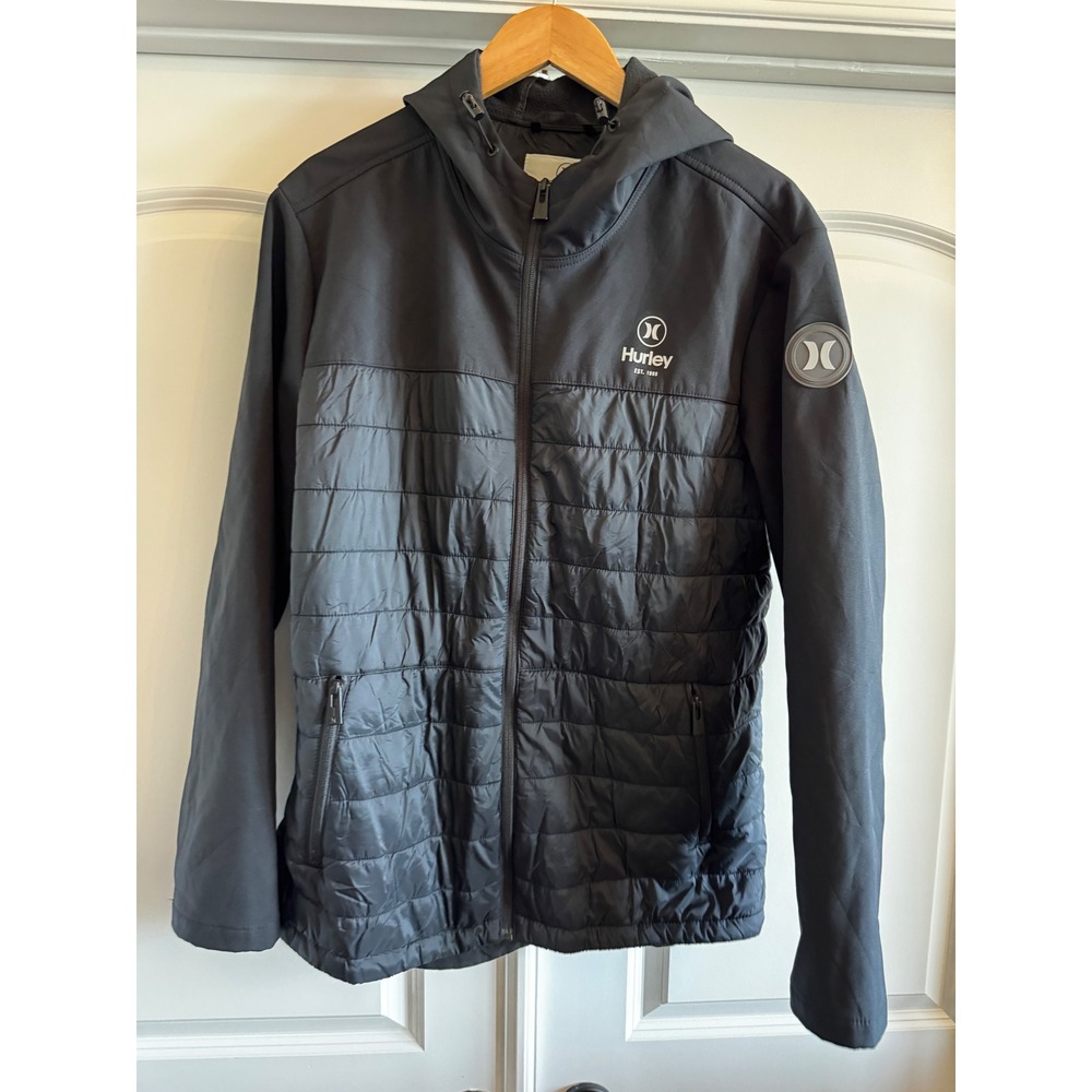 Hurley Mens Hybrid Puffer Jacket Black Hooded Full Zip XL Mixed Media Softshell